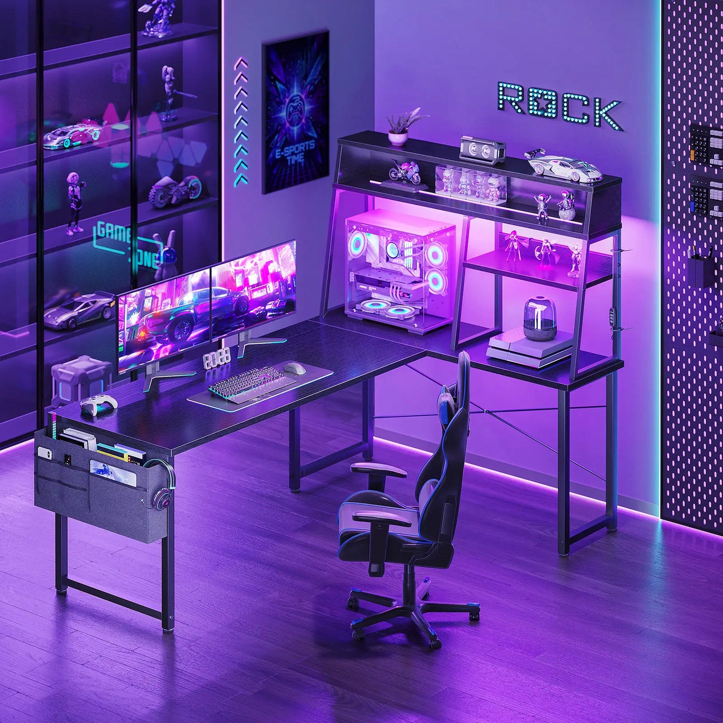 Coleshome 59" corner gaming desk with desktop display shelf and LED lights lifestyle main view