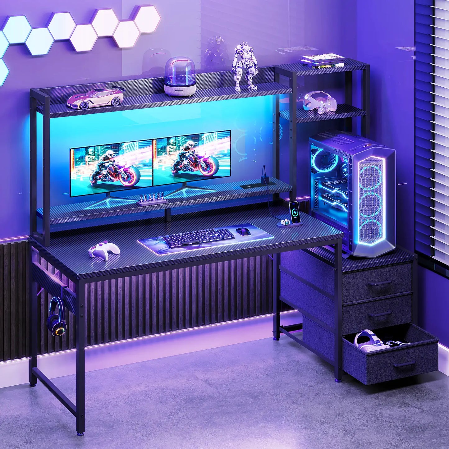 Coleshome gaming desk with USB ports tall storage shelf and 3 fabric drawers lifestyle main view