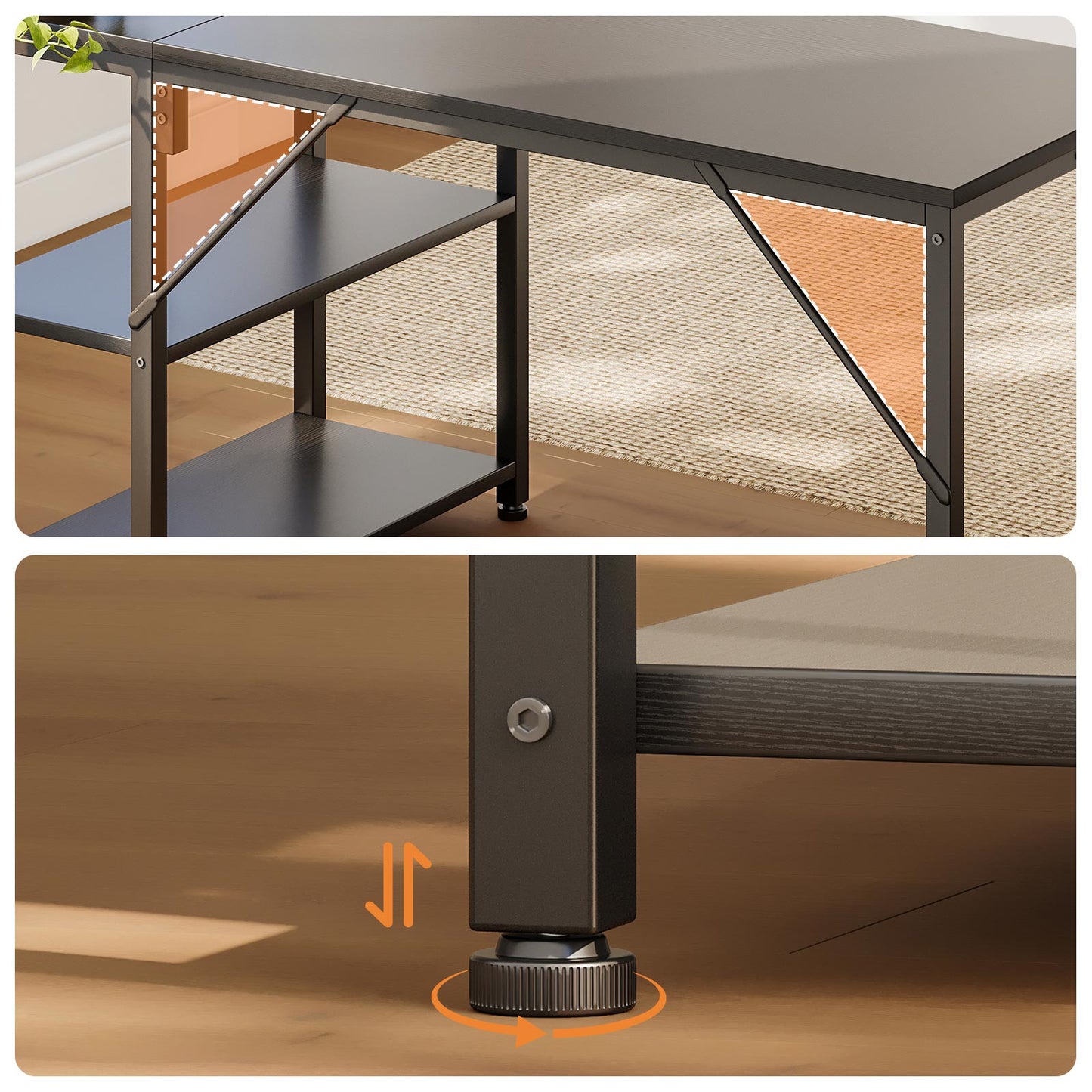 Desk stability feature close-up showing reinforced support brackets and adjustable leveling foot pads, designed for stronger frame support and uneven floor adjustment.