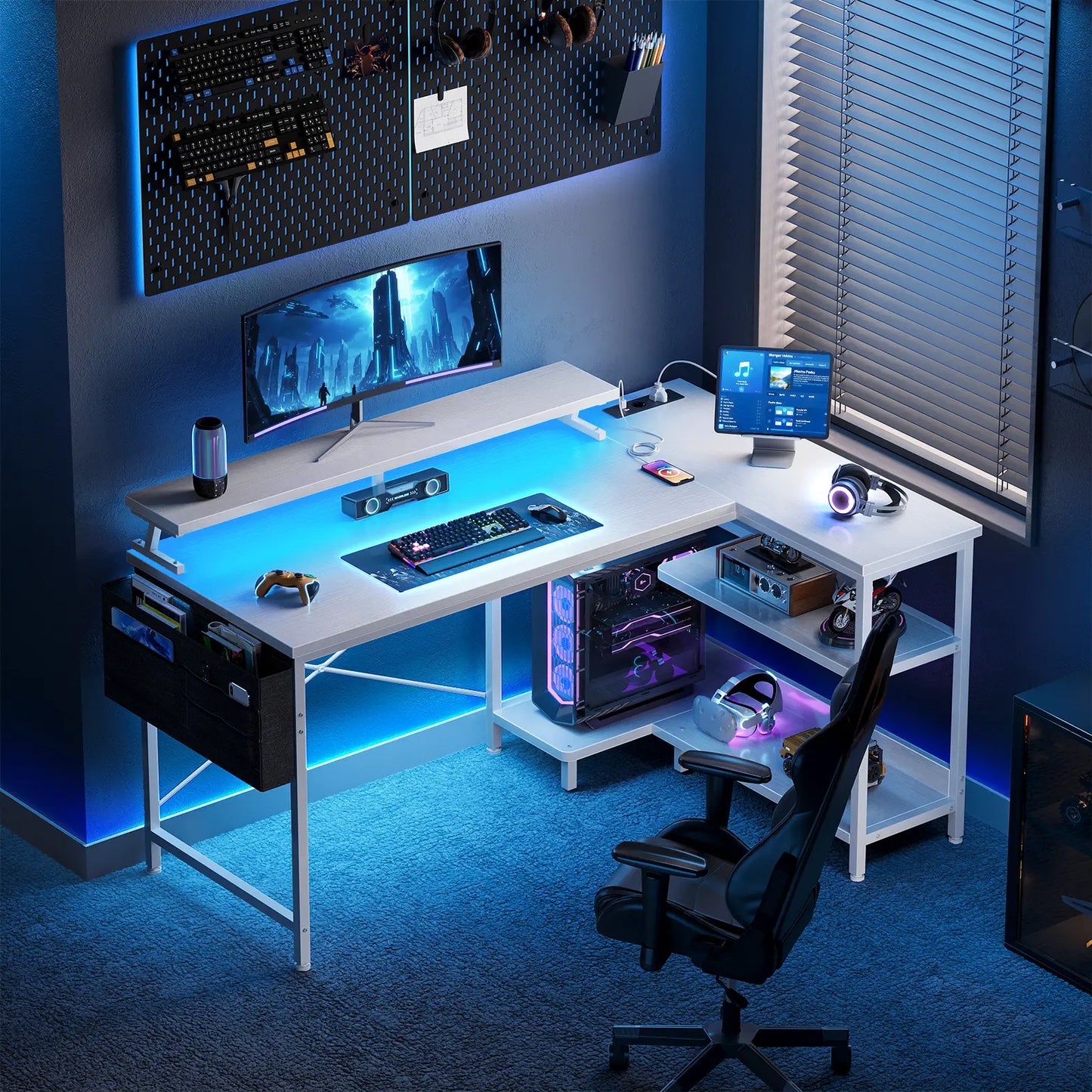 Coleshome white L-shaped gaming desk with USB ports side shelves and LED lights lifestyle main view