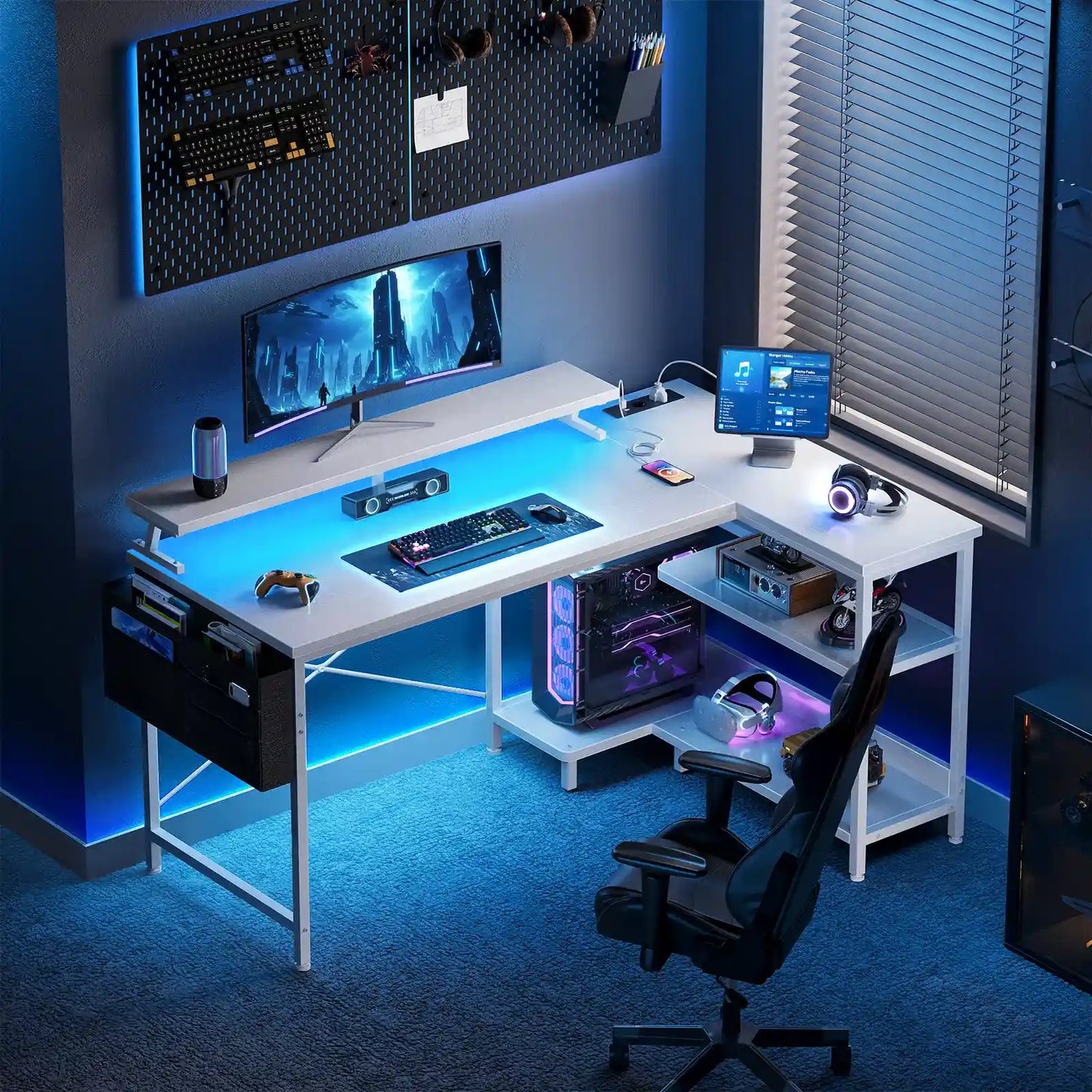 Coleshome white L-shaped gaming desk with USB ports side shelves and LED lights lifestyle main view