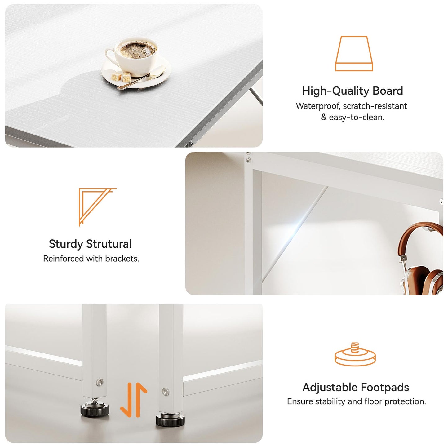 Feature collage of white 3-drawer desk showing waterproof scratch-resistant tabletop, reinforced metal frame brackets, and adjustable foot pads for added stability.