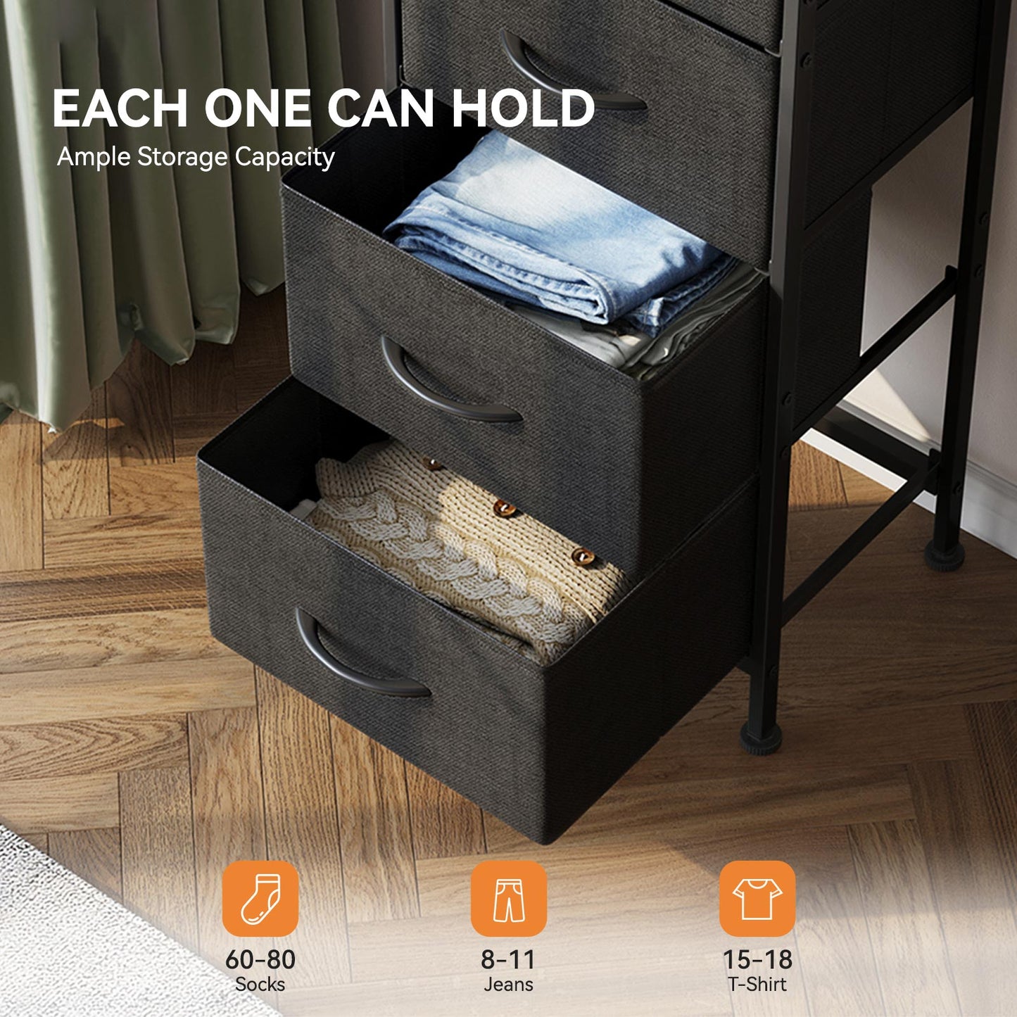 Close-up of Coleshome black fabric dresser drawers showing large storage capacity for folded clothes, jeans, socks and T-shirts
