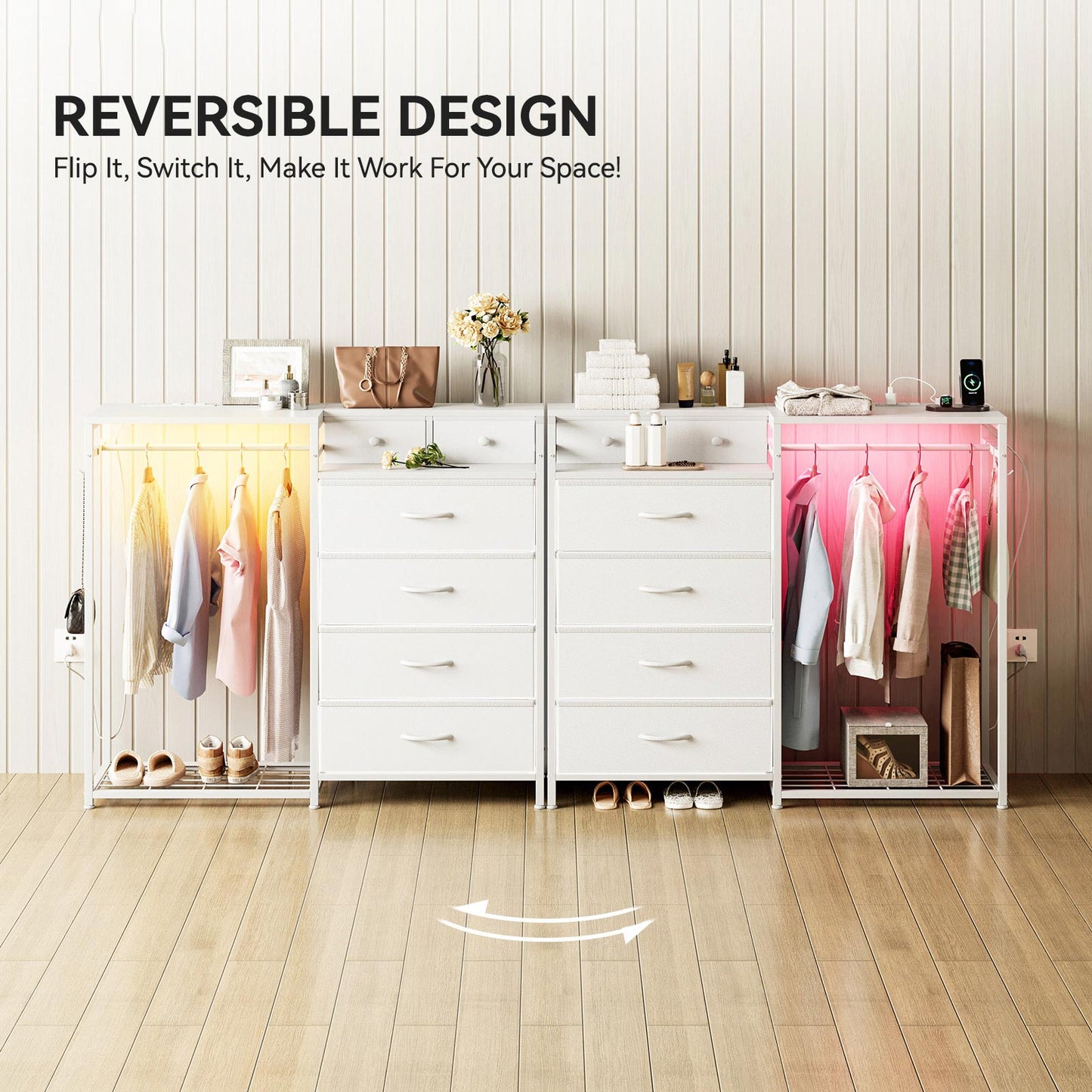 Reversible white closet organizer dresser shown in left and right assembly layouts, with fabric drawers, hanging clothes rack, and LED light strip for flexible room placement.