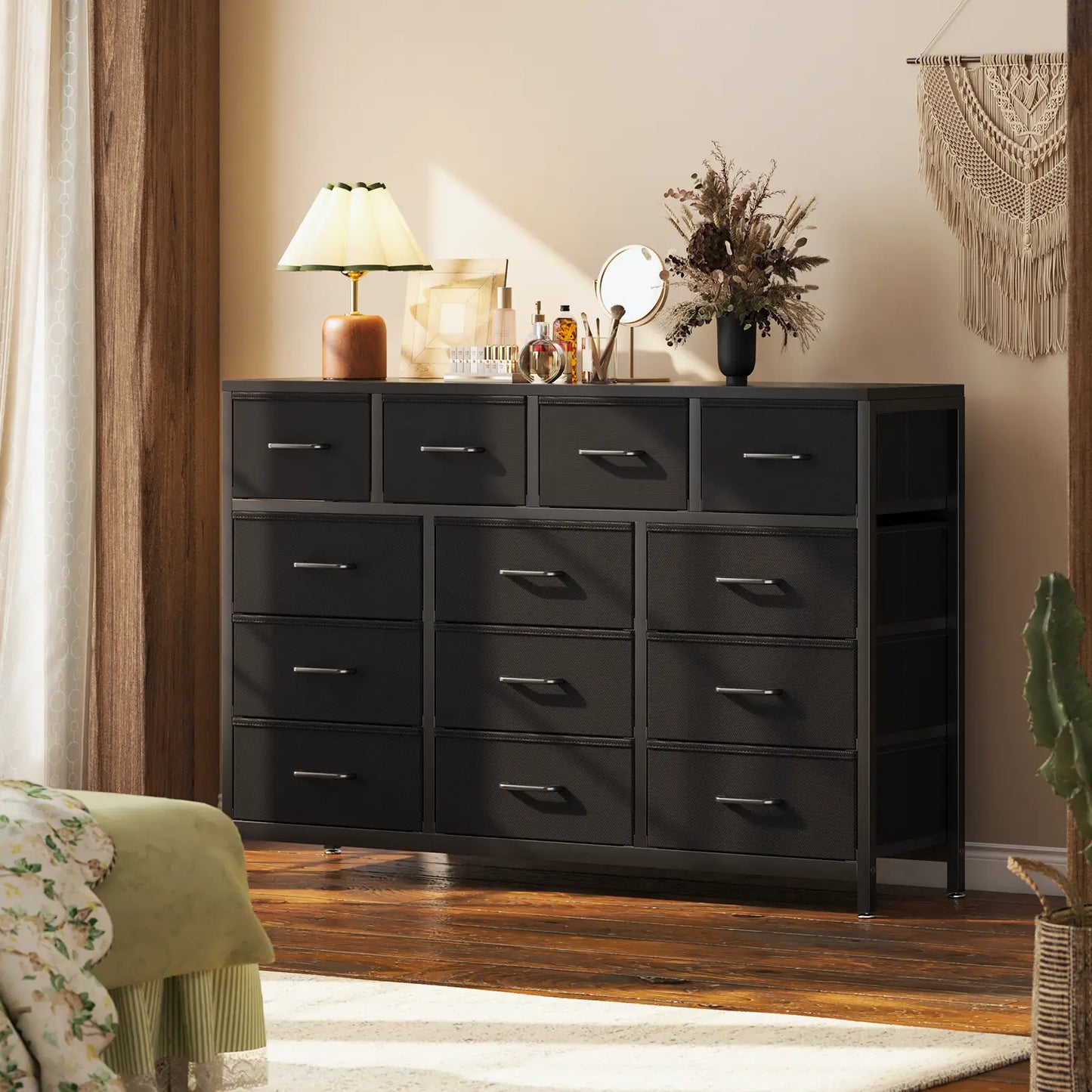Coleshome black 55 inch 13 drawer wide fabric storage dresser cabinet lifestyle main view