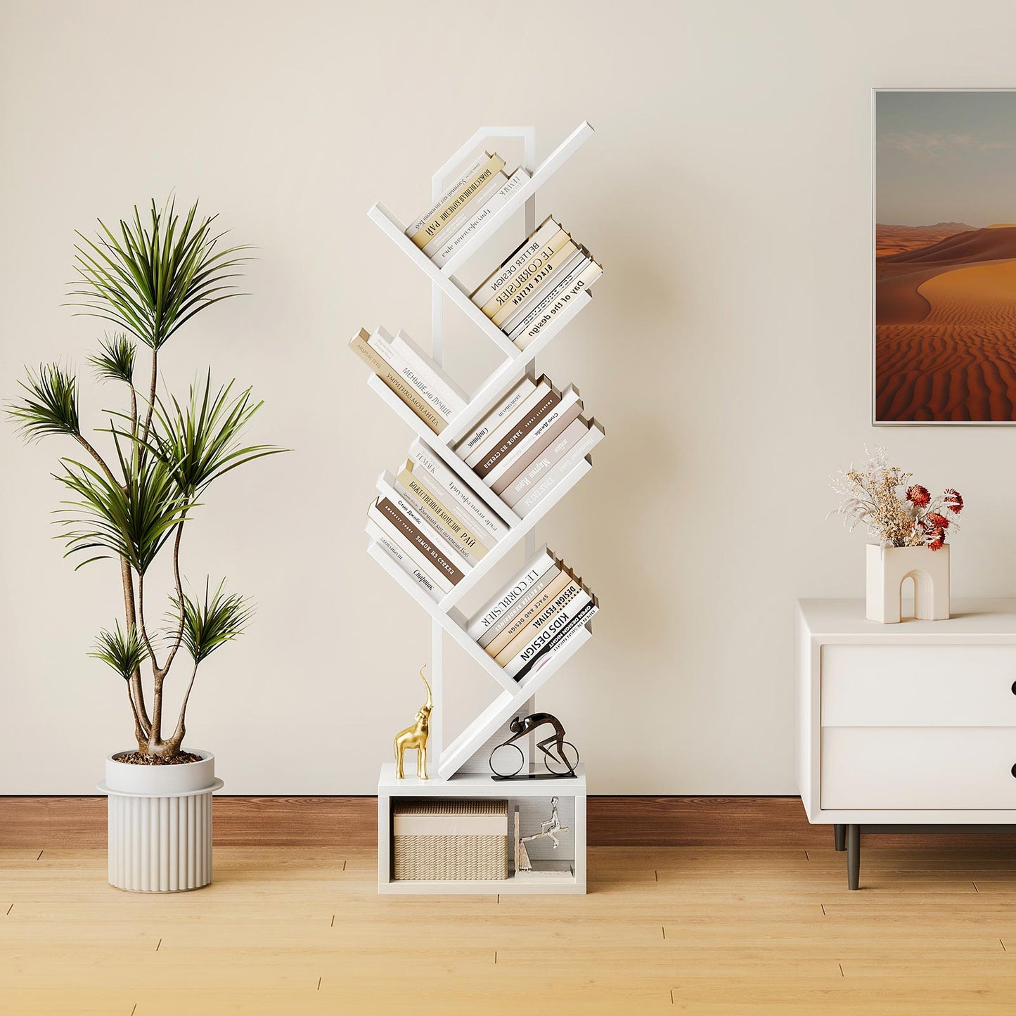 Coleshome tree-shaped bookshelf with base storage, white finish, styled in a living room