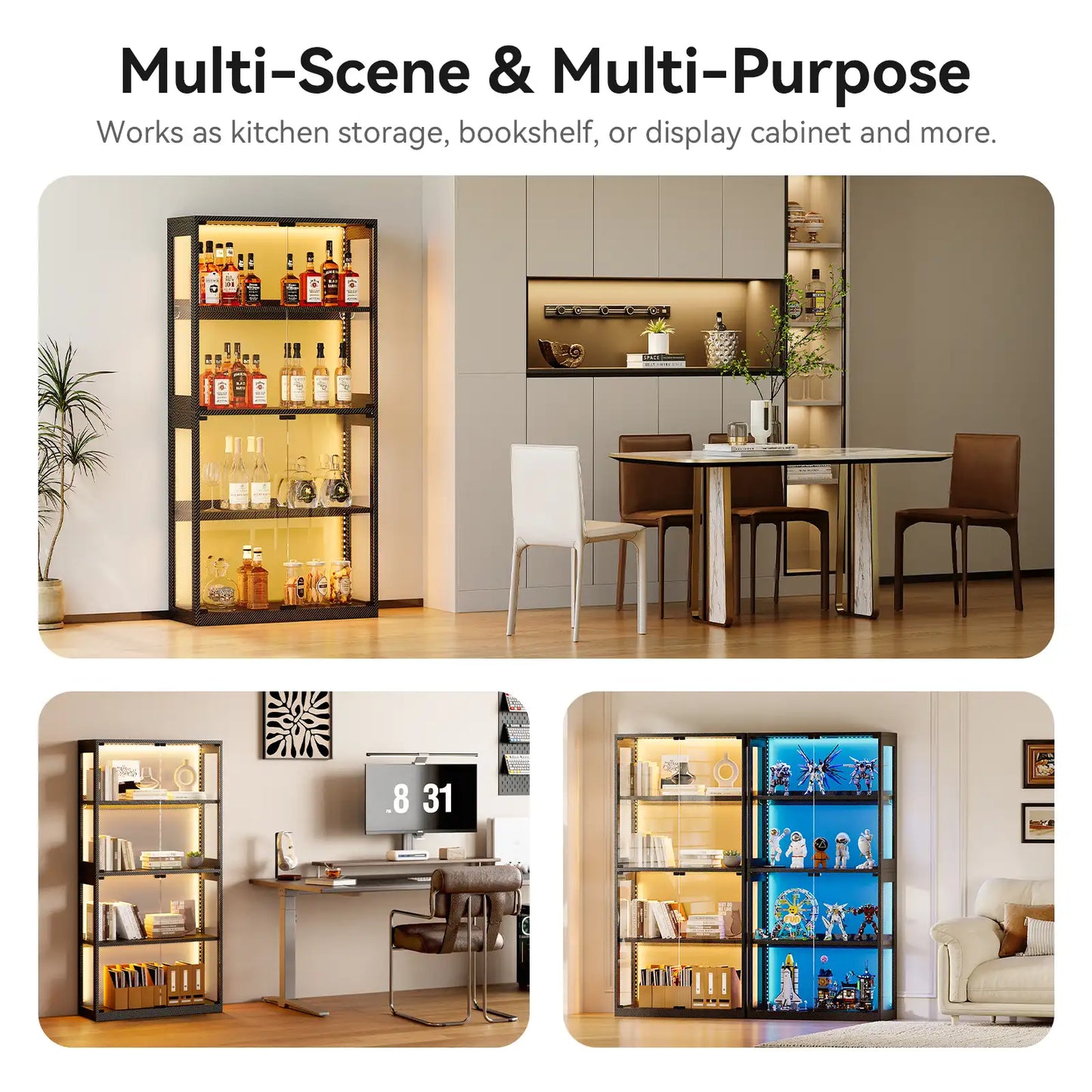 A multi-scene product presentation of a tall, narrow shelving cabinet with black metal framing and warm LED lighting. The top panel shows the cabinet in a modern kitchen/dining setting, the bottom-left shows it as a desk shelf, and the bottom-right shows it as a display cabinet with blue lighting for collectibles.