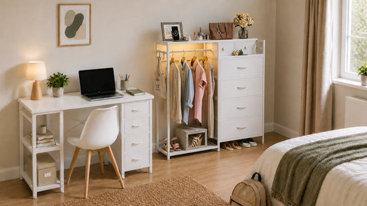 Compact bedroom with a desk, storage cabinet, chair and clear route beside the bed.