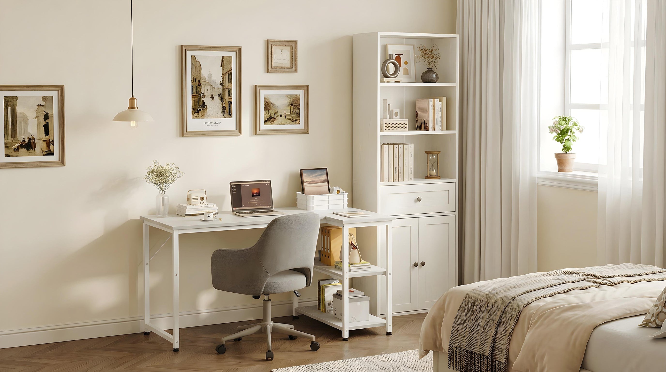 Bright bedroom workspace with a white desk and a white bookcase cabinet, creating an organised small-space home office