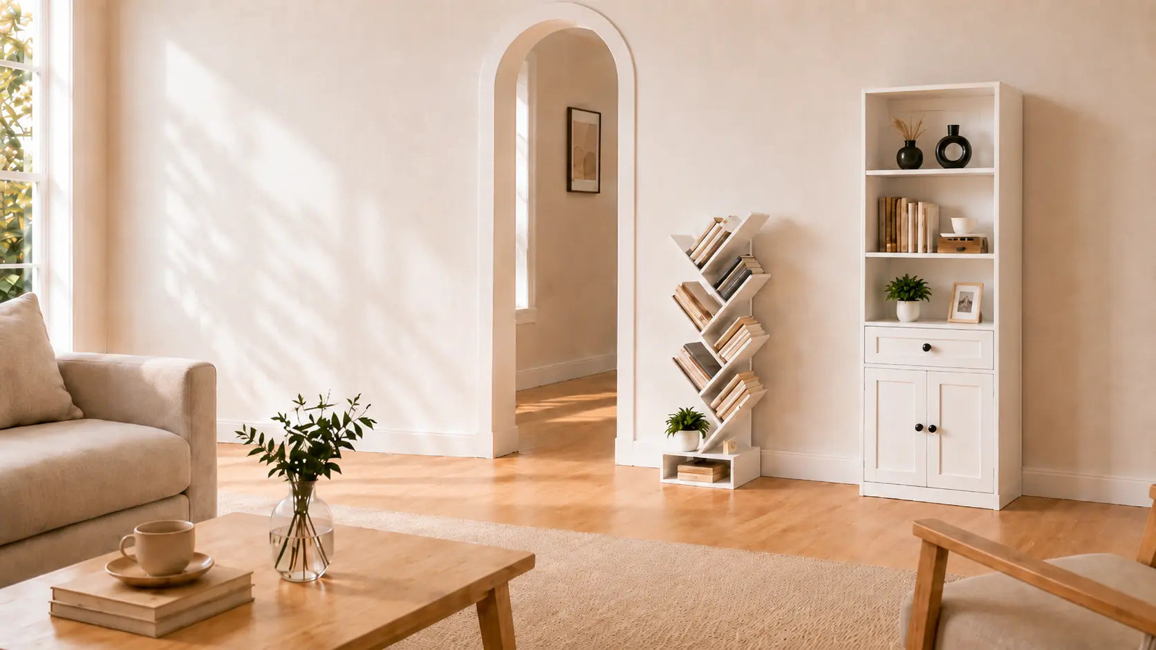 A bright, modern living room featuring a tall white bookcase with shelves and cabinet doors on the right, a wooden coffee table in the foreground, and a beige sofa on the left. The room has warm wood floors, a beige rug, and an arched doorway in the background.