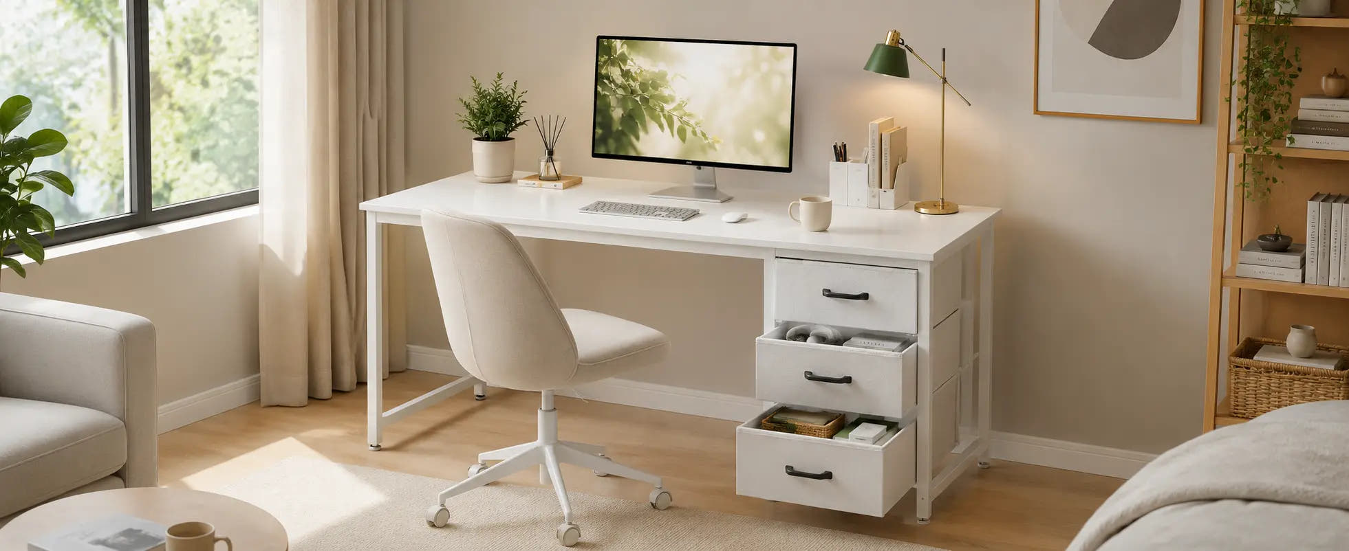 Home office with a white desk, chair, and computer setup.