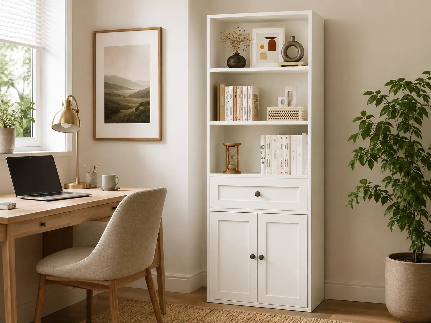 White bookcase with open shelves, a drawer and lower doors beside a small home office desk, showing practical storage for books, files and hidden clutter.
