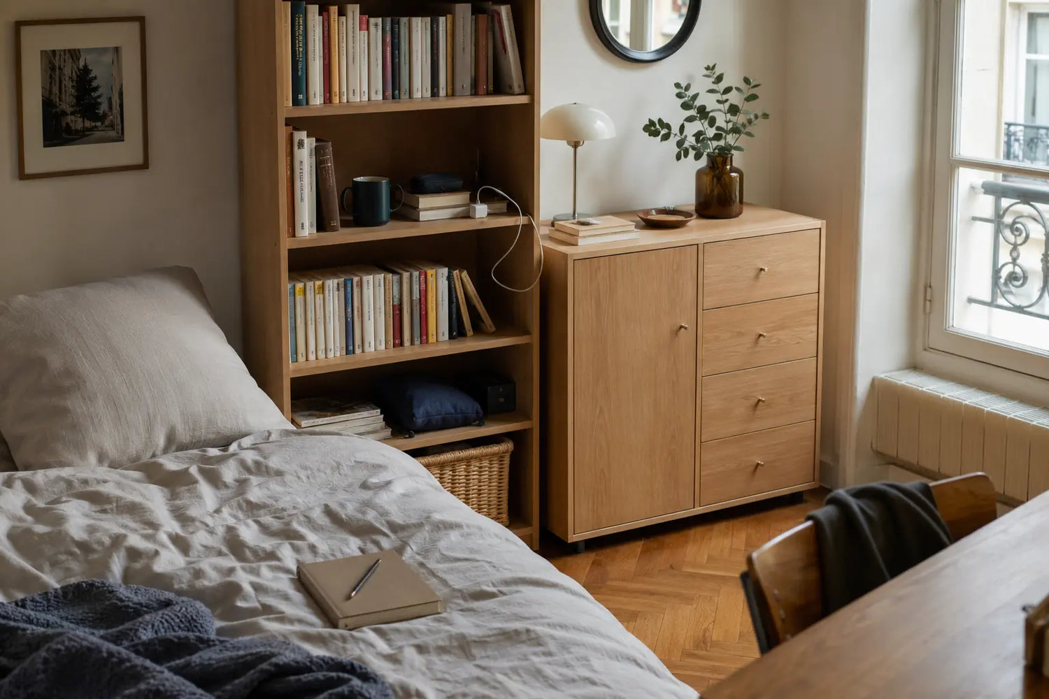 A small home bookcase gradually filled with books, plants, and everyday items like a charger, water cup, and eyeglasses case, set in a cozy bedroom with slightly wrinkled bedding, showing a lived-in yet organized space that reflects authenticity and warmth.