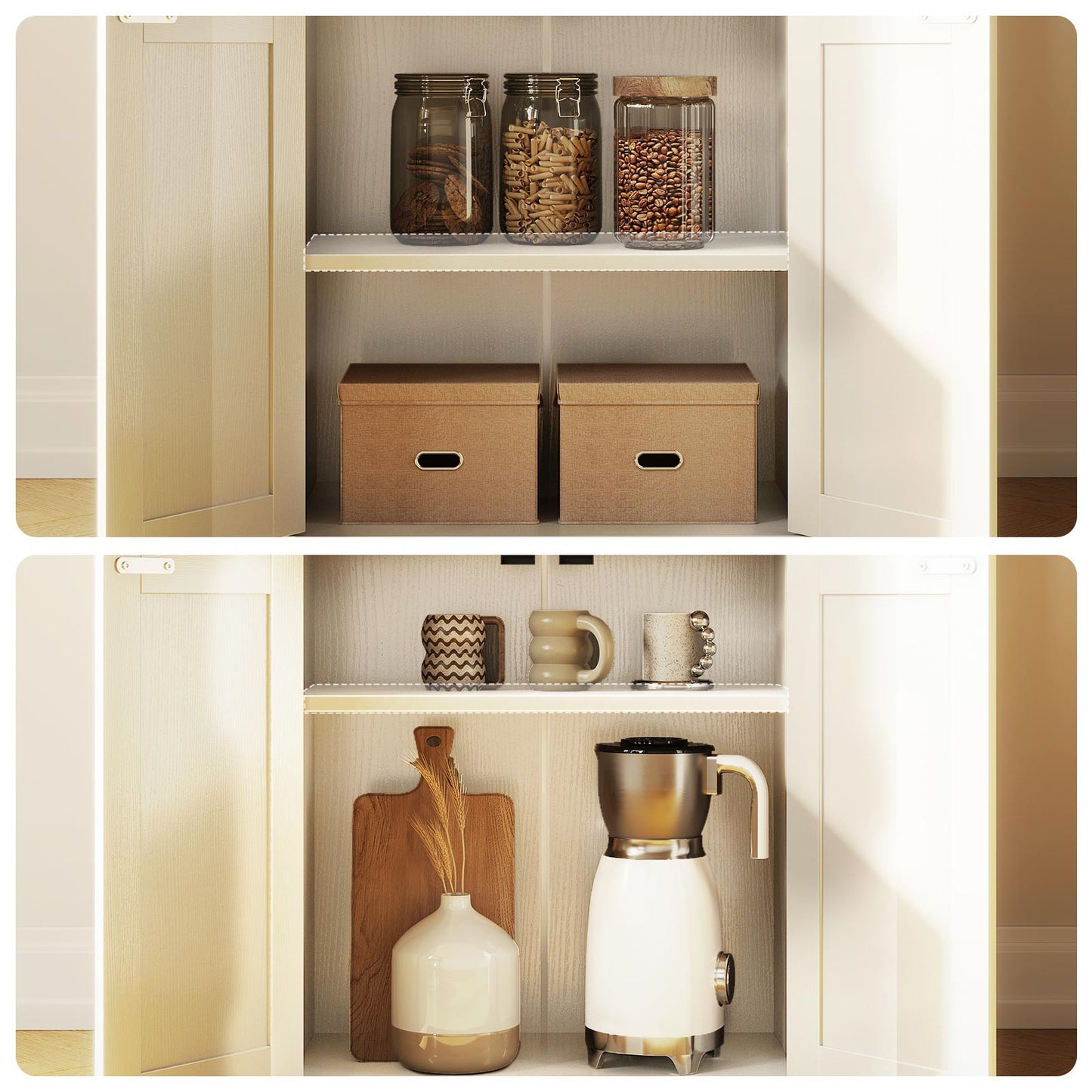 Storage examples inside the lower cabinet of a Coleshome bookcase, showing shelf organisation for boxes, jars and small appliances