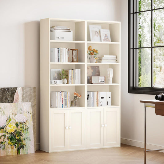 Coleshome tall bookcase with doors, white finish, open shelves and lower cabinet in a bright home office