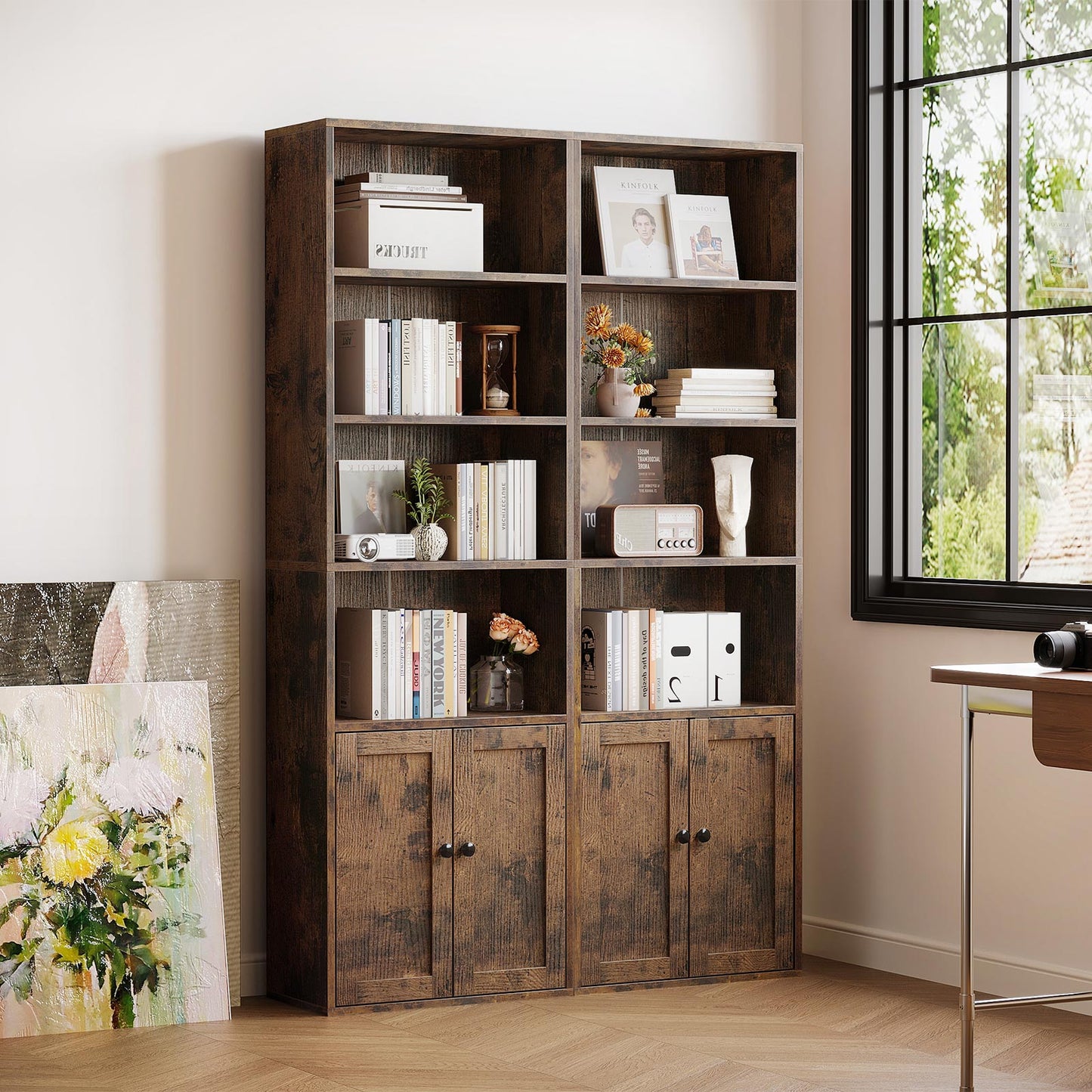 Coleshome tall bookcase with doors, rustic brown wood finish, open shelves and lower cabinet in a bright home office