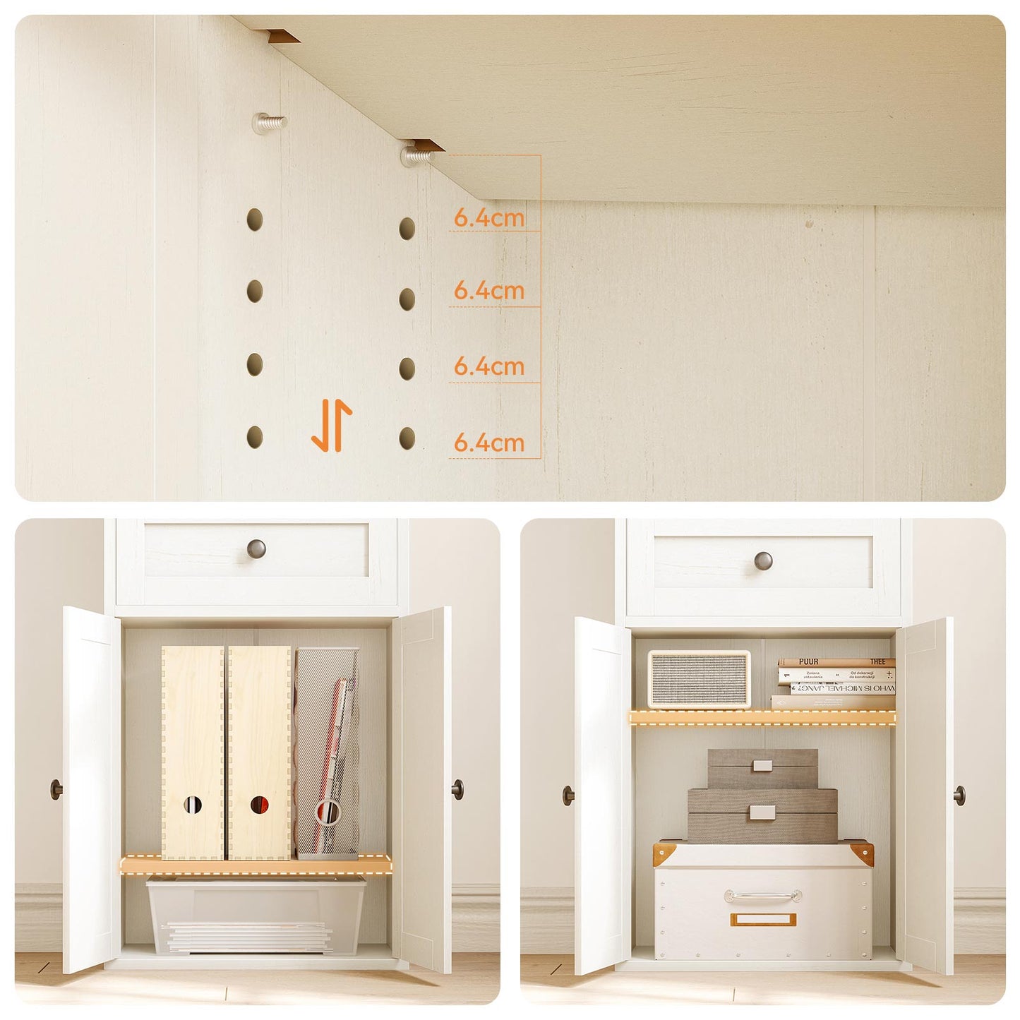Adjustable shelf height options and lower cabinet storage examples for a Coleshome bookcase cabinet