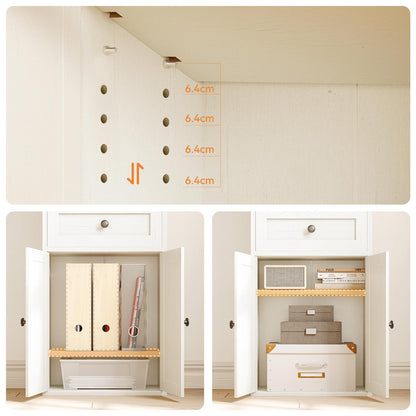 Adjustable shelf height options and lower cabinet storage examples for a Coleshome bookcase cabinet
