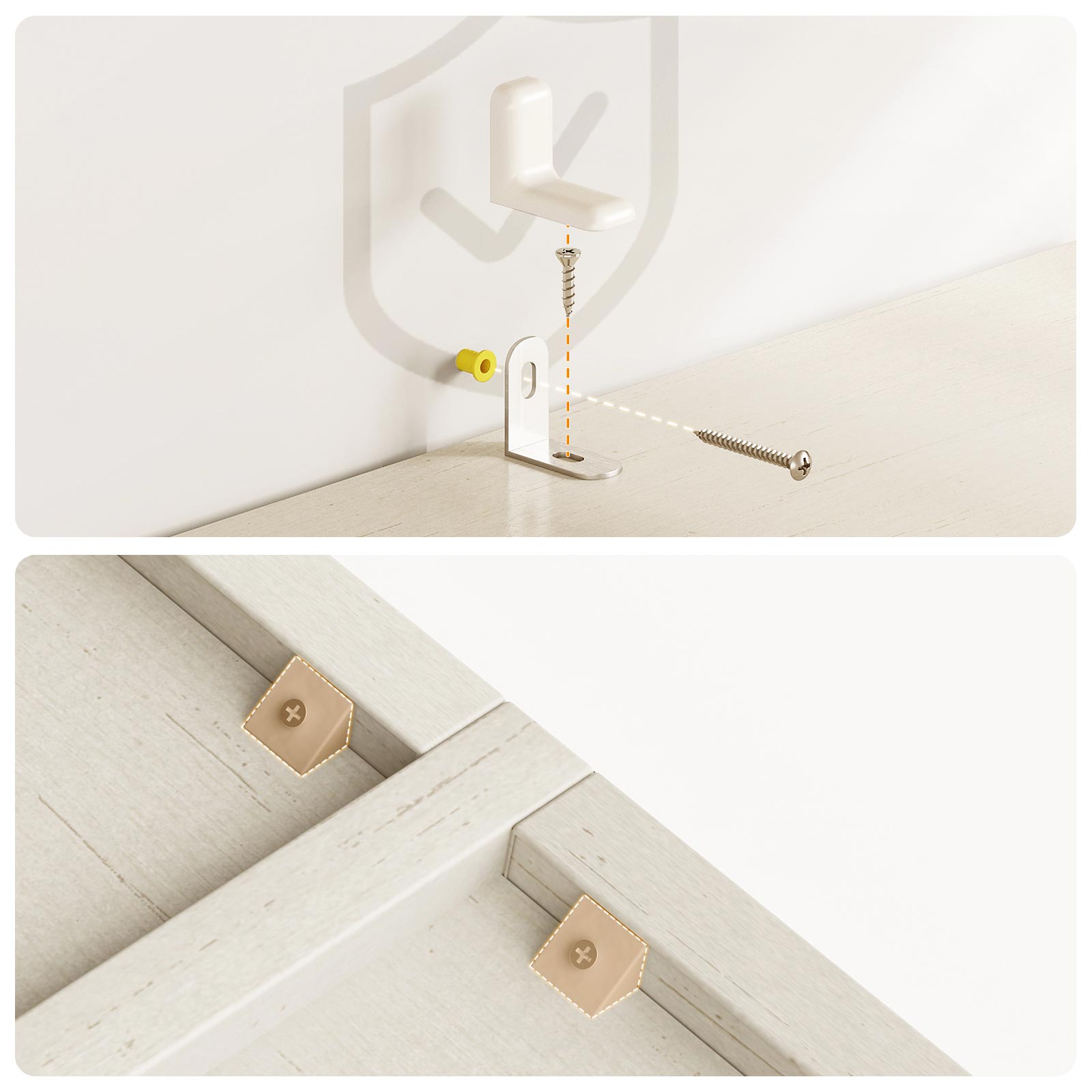 Anti-tip safety kit and wall anchor installation diagram for a Coleshome bookcase cabinet, with back panel reinforcement brackets