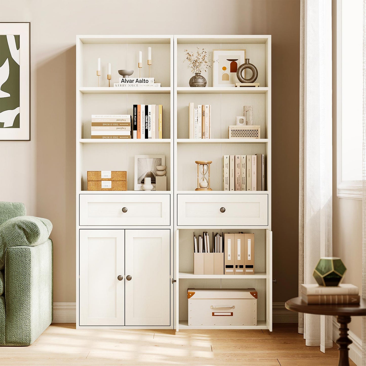 Coleshome large bookcase cabinet with drawers and doors, white finish, showing open lower storage in a living room