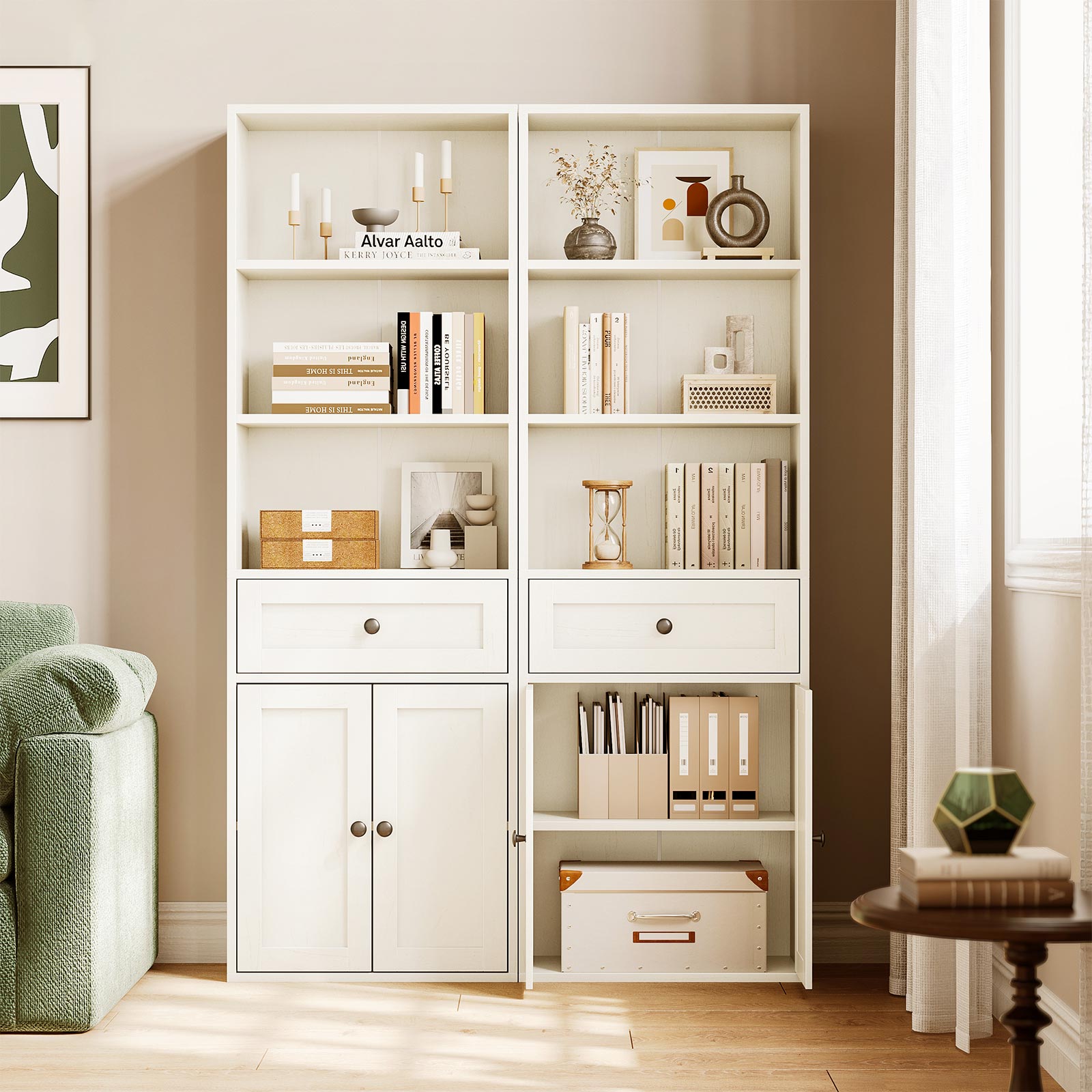 Coleshome large bookcase cabinet with drawers and doors, white finish, showing open lower storage in a living room