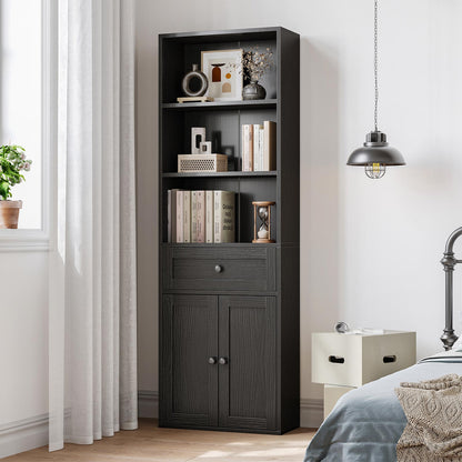 Coleshome tall bookcase cabinet with drawer and doors, black wood finish, in a bedroom corner