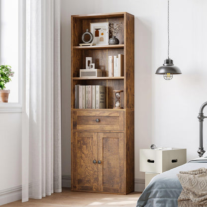Coleshome tall bookcase cabinet with drawer and doors, rustic brown wood finish, in a bedroom corner