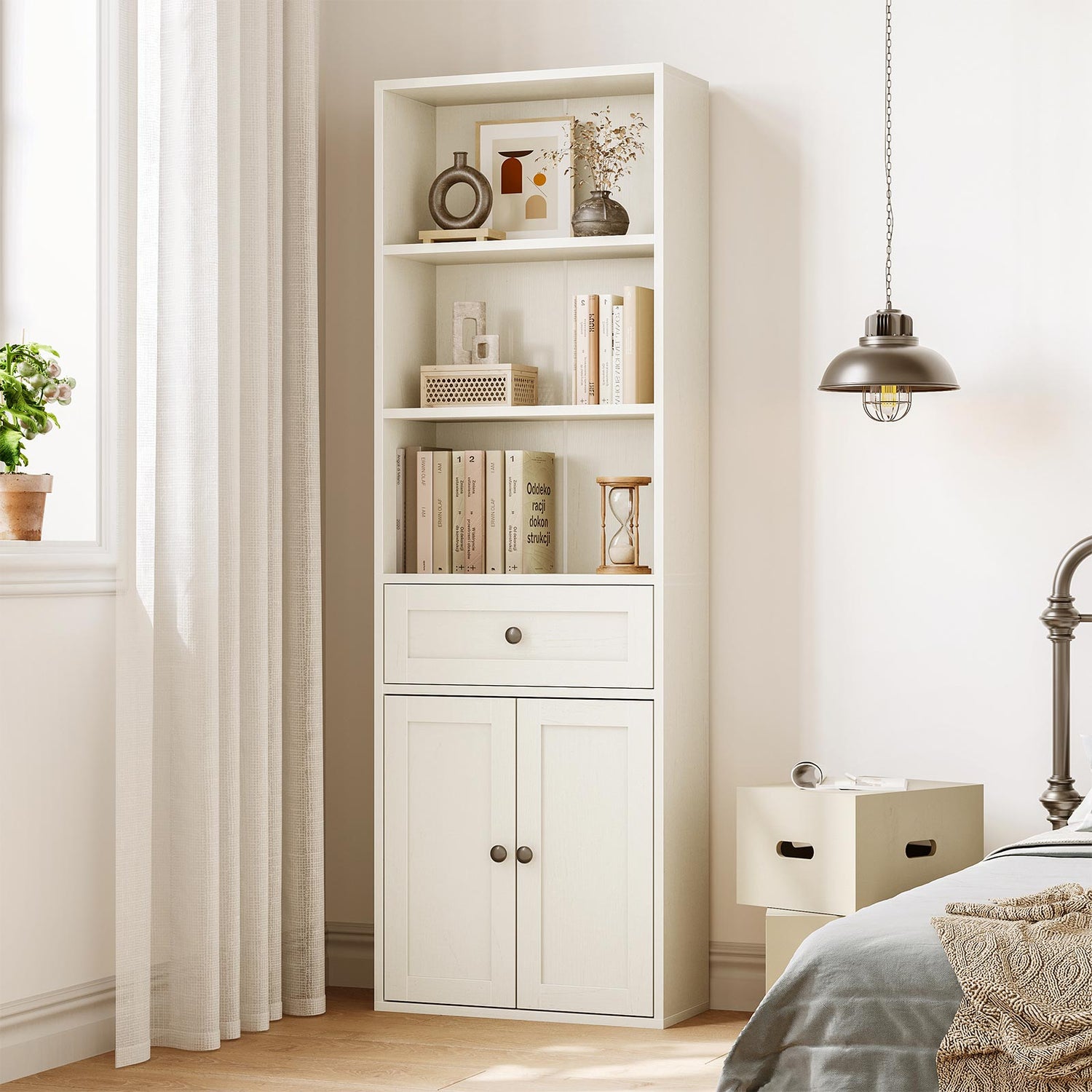 Coleshome tall bookcase cabinet with drawer and doors, white finish, in a bedroom corner