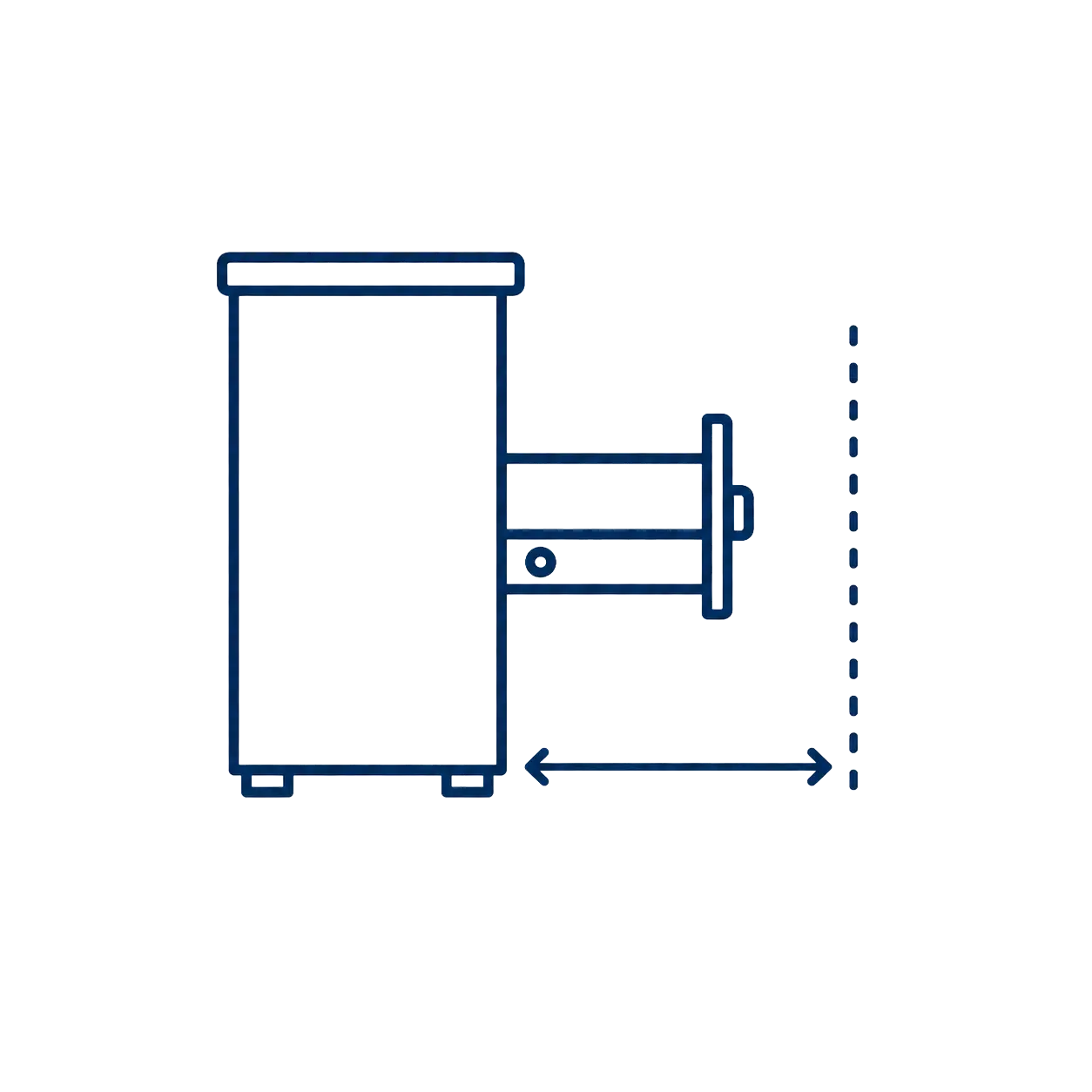 Minimal navy line icon showing a side view of a cabinet with a drawer pulled out and clearance arrows.