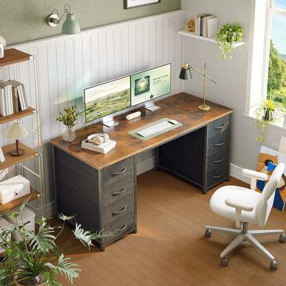 Coleshome rustic brown computer desk with 8 fabric drawers lifestyle main view