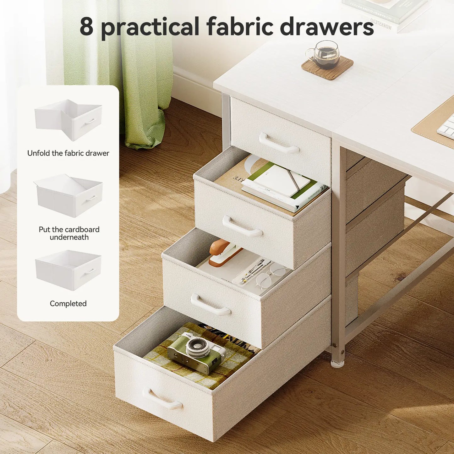 Coleshome white computer desk with 8 fabric drawers detail functional design