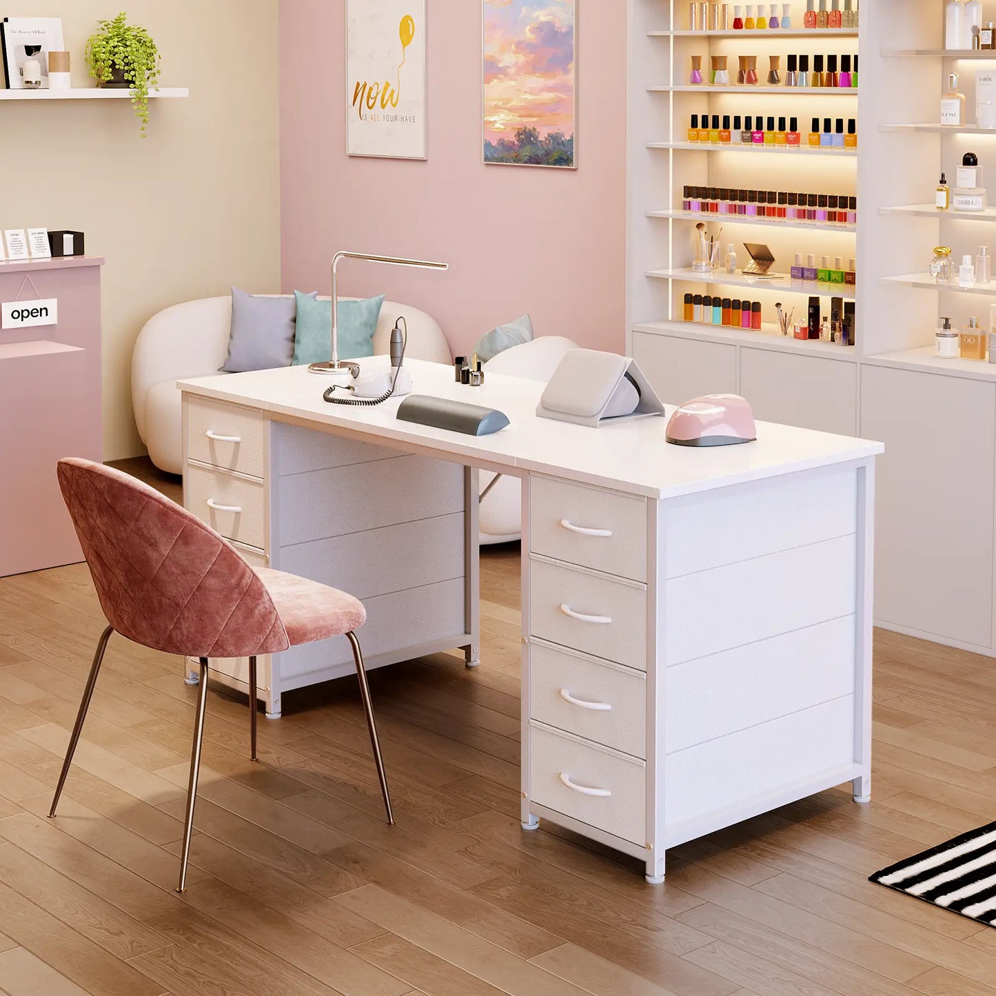 Coleshome white computer desk with 8 fabric drawers home office room setup