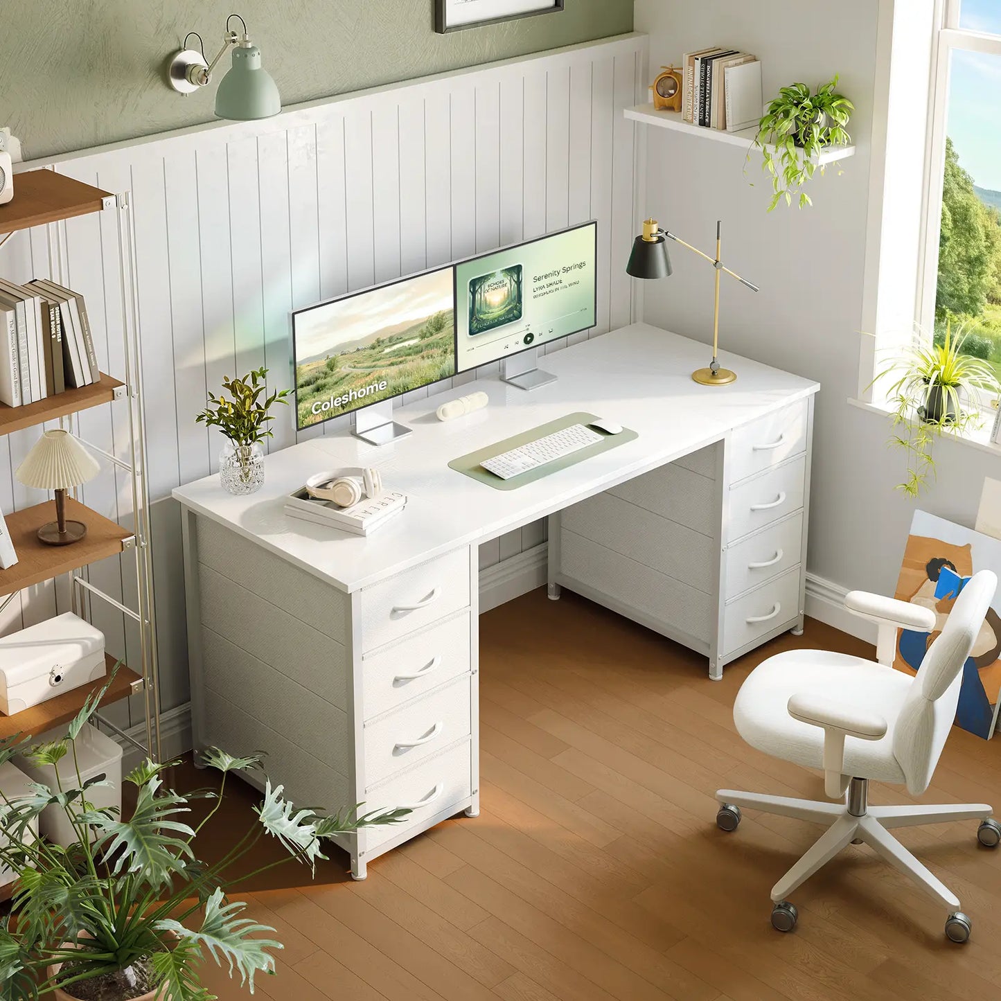 Coleshome 48" white computer desk with 8 fabric drawers lifestyle main view