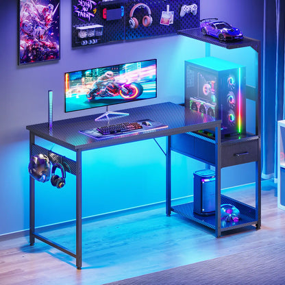 Coleshome 48" black computer desk with raised monitor shelf and fabric drawer lifestyle main view
