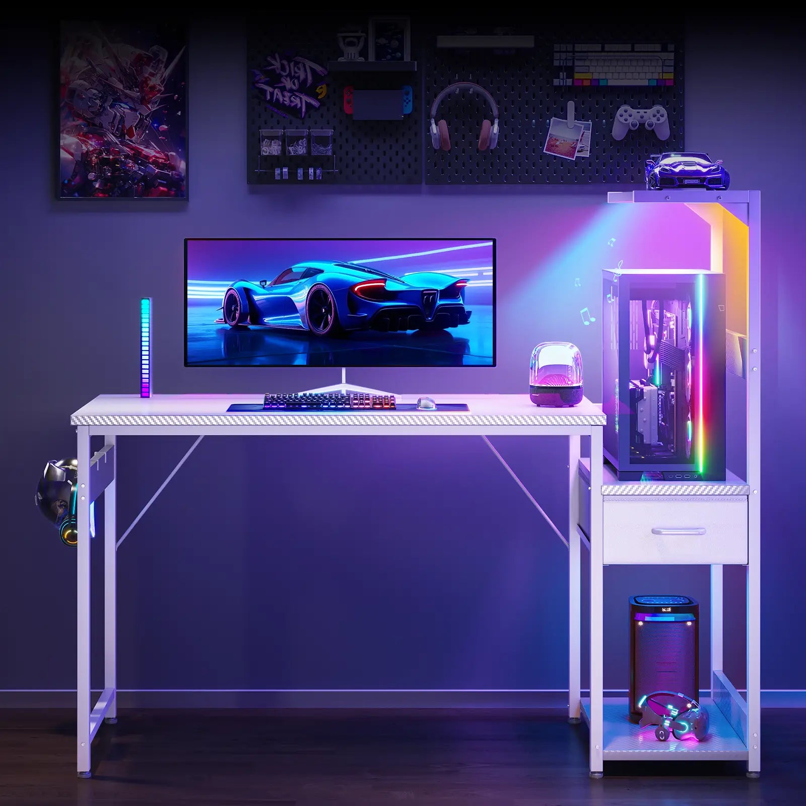 Coleshome white computer desk with raised monitor shelf and fabric drawer close up durable build