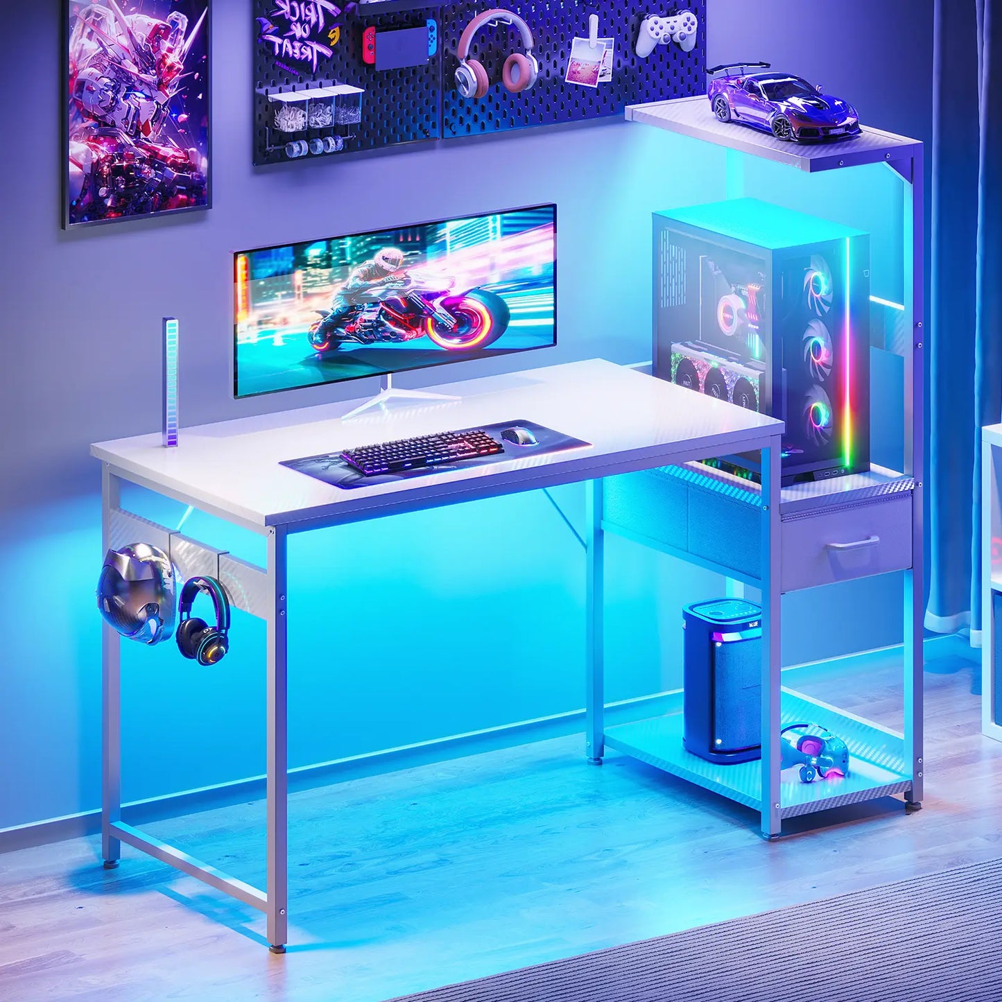 Coleshome 48" white computer desk with raised monitor shelf and fabric drawer lifestyle main view