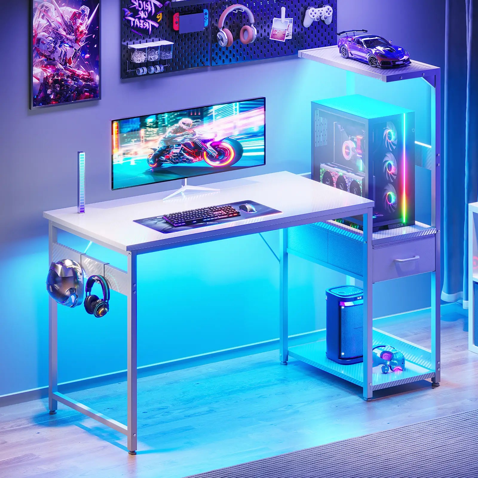 Coleshome 48" white computer desk with raised monitor shelf and fabric drawer lifestyle main view