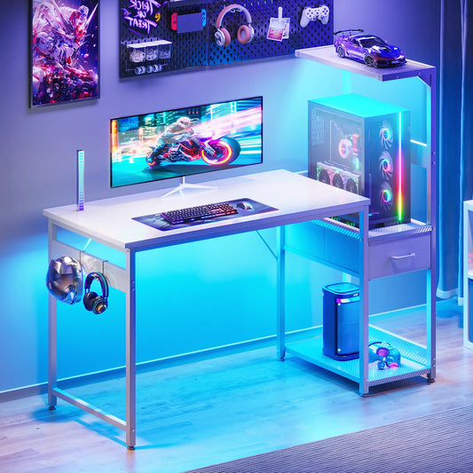 Coleshome 48" white computer desk with raised monitor shelf and fabric drawer lifestyle main view