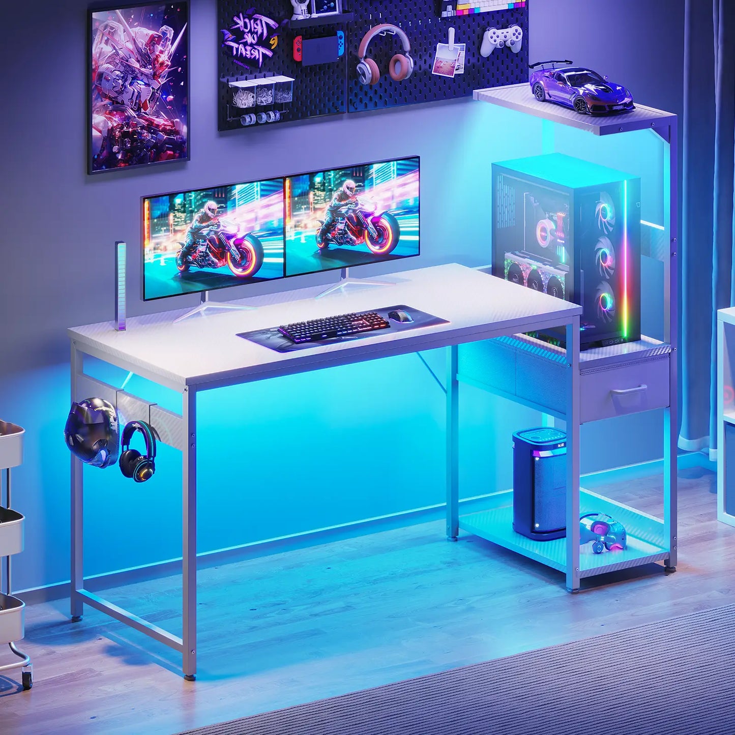 Coleshome 54" white computer desk with raised monitor shelf and fabric drawer lifestyle main view