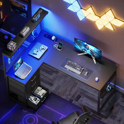 Coleshome black carbon fibre corner desk with desktop shelf and 4 drawers lifestyle main view