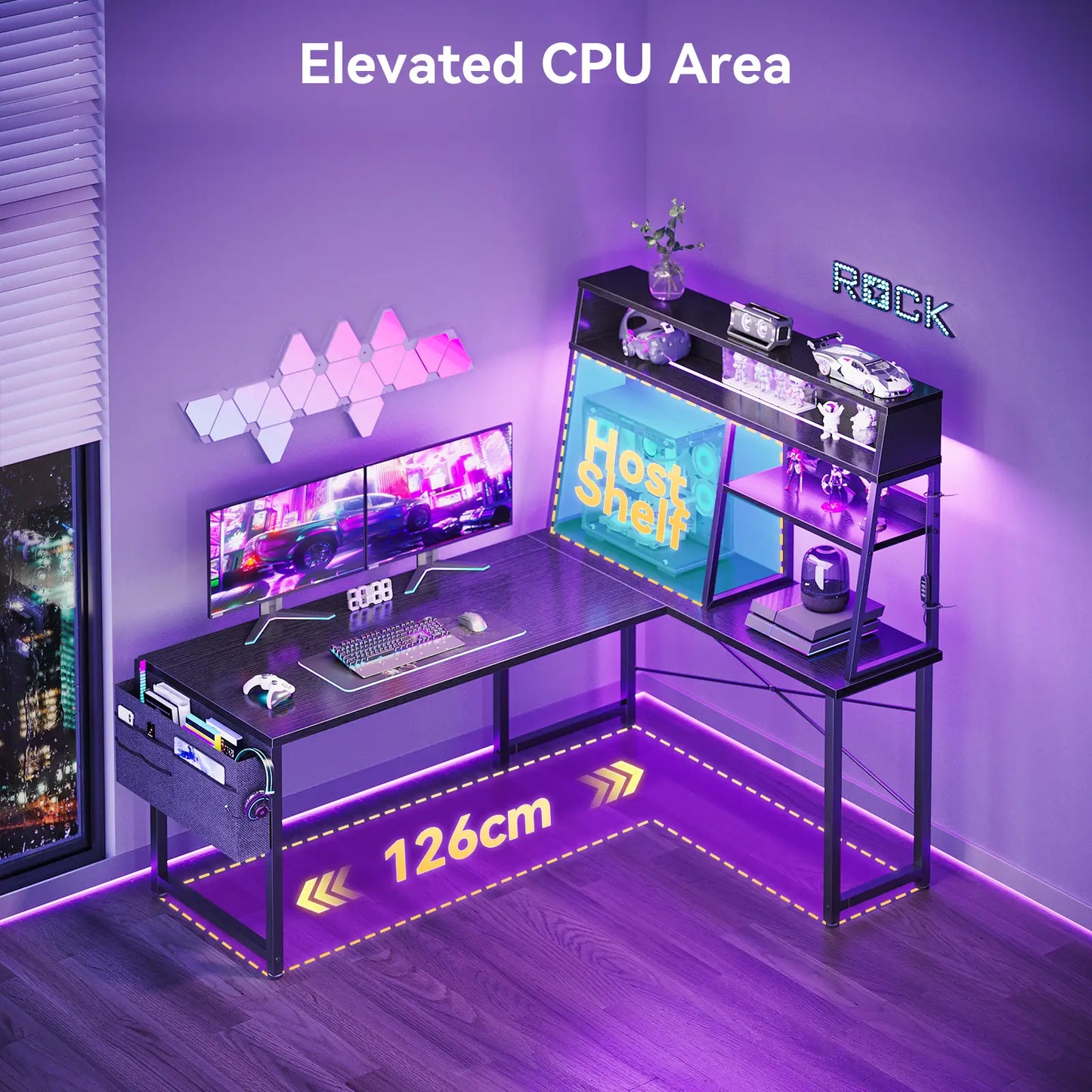 Coleshome 51" corner gaming desk with desktop display shelf and LED lights close up durable build