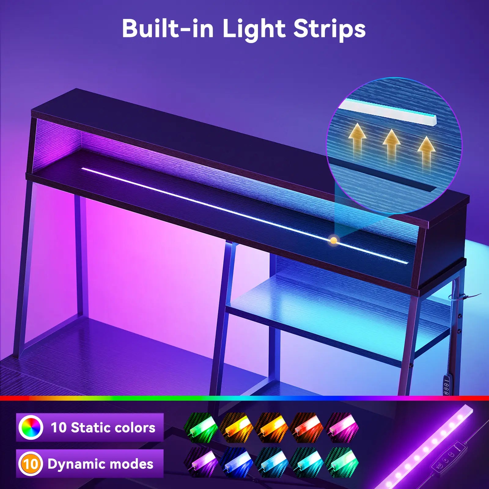 Coleshome 51" corner gaming desk with desktop display shelf and LED lights detail functional design