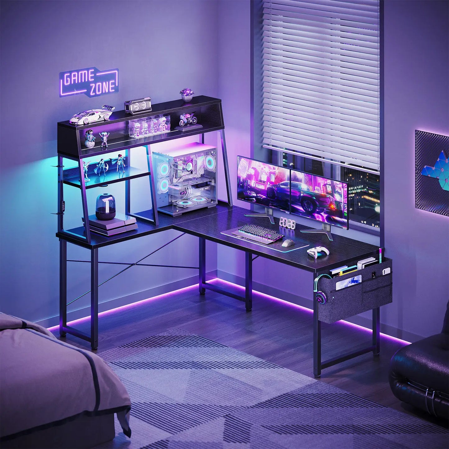 Coleshome 51" corner gaming desk with desktop display shelf and LED lights lifestyle extra view