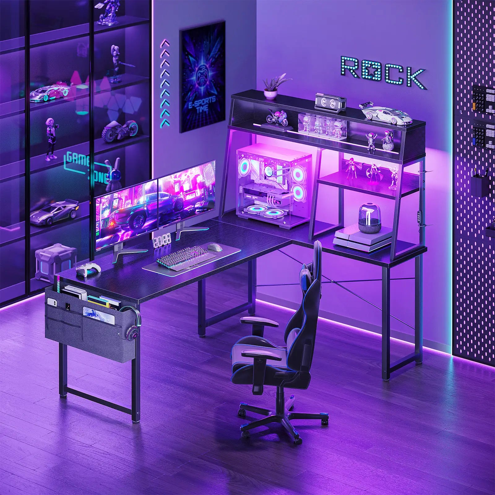Coleshome 51" corner gaming desk with desktop display shelf and LED lights lifestyle main view