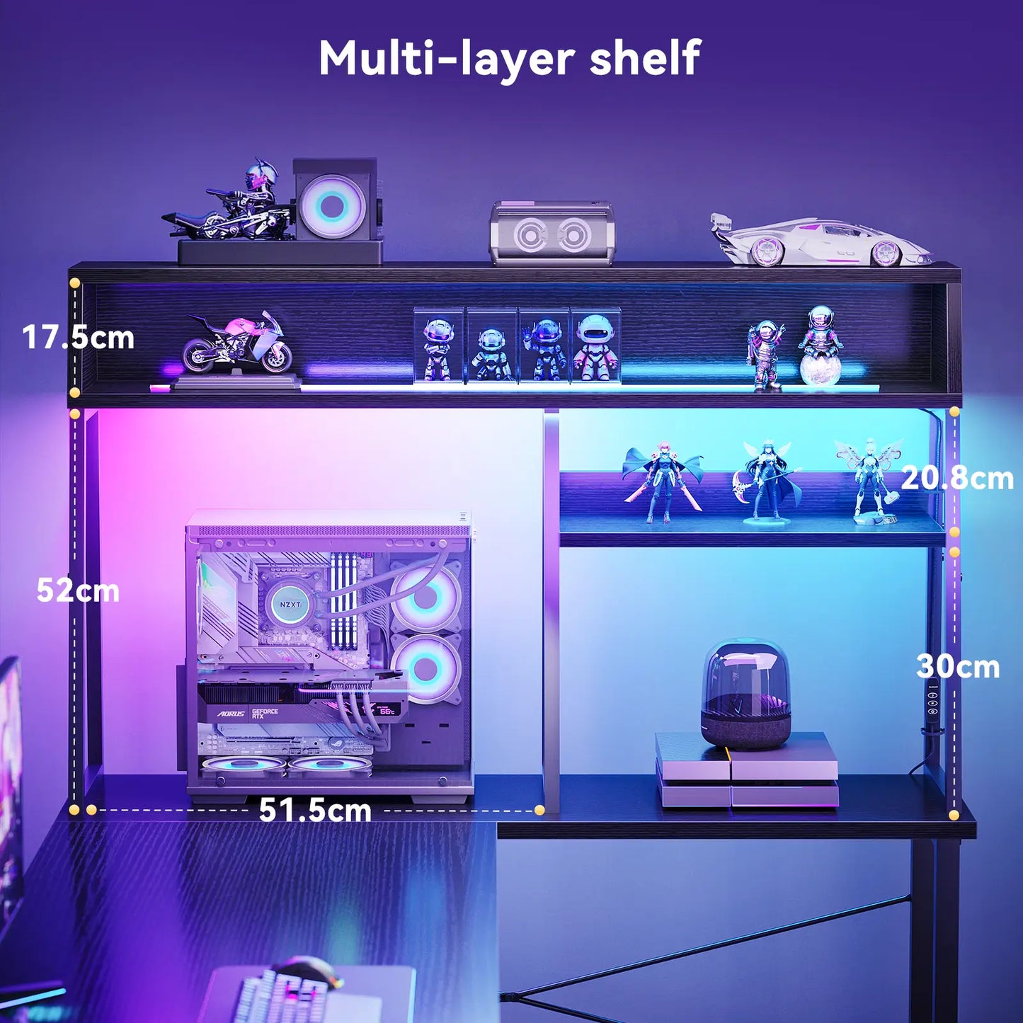 Coleshome 51" corner gaming desk with desktop display shelf and LED lights storage organization