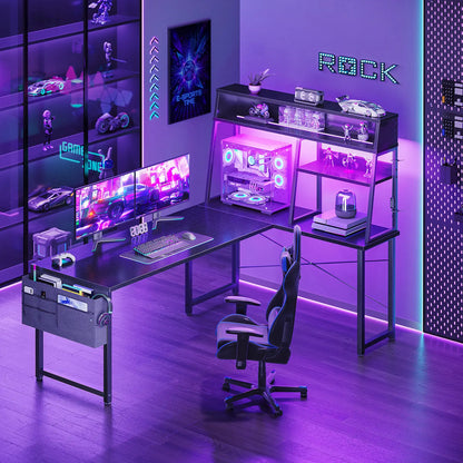 Coleshome 59" corner gaming desk with desktop display shelf and LED lights lifestyle main view