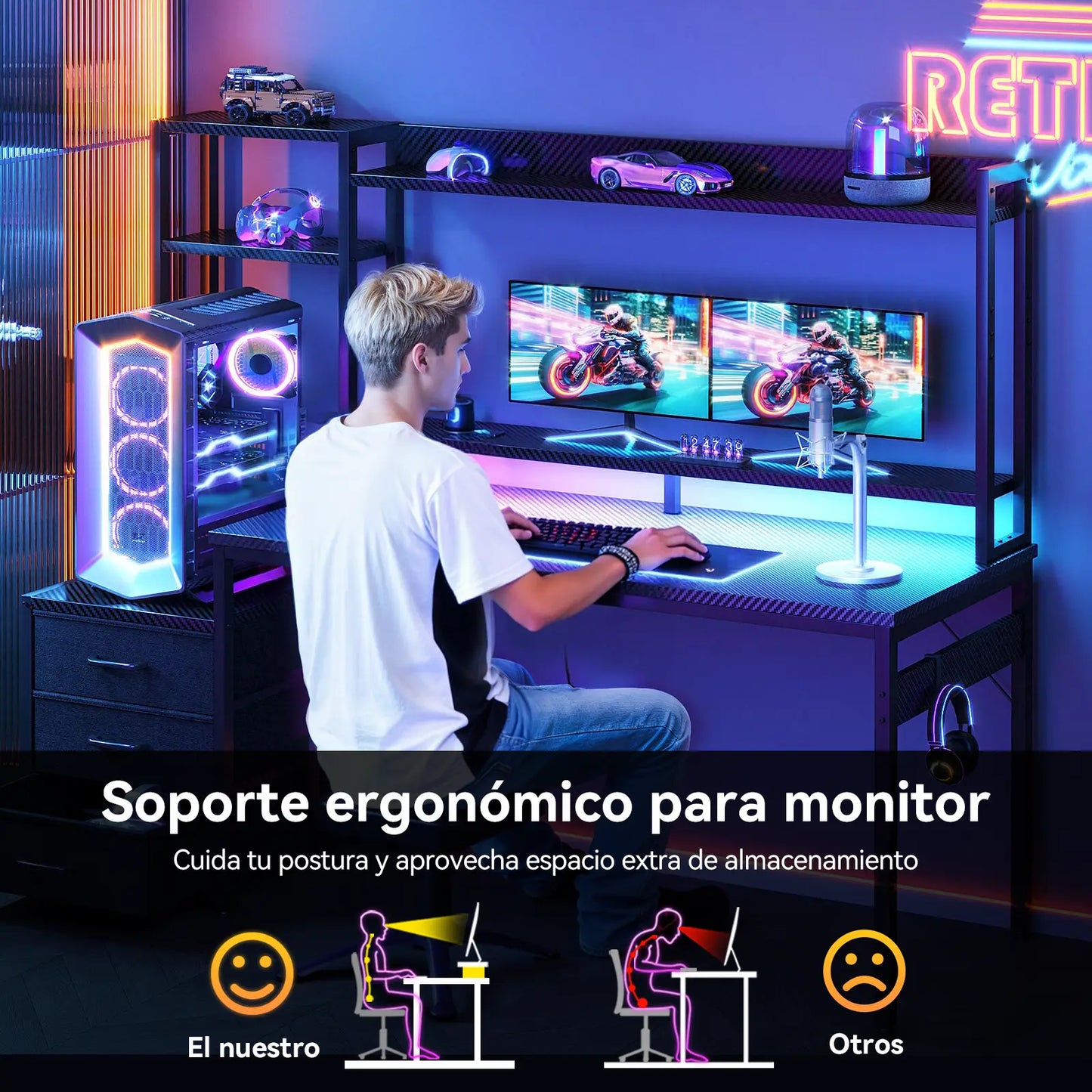 Coleshome gaming desk with USB ports tall storage shelf and 3 fabric drawers close up durable build