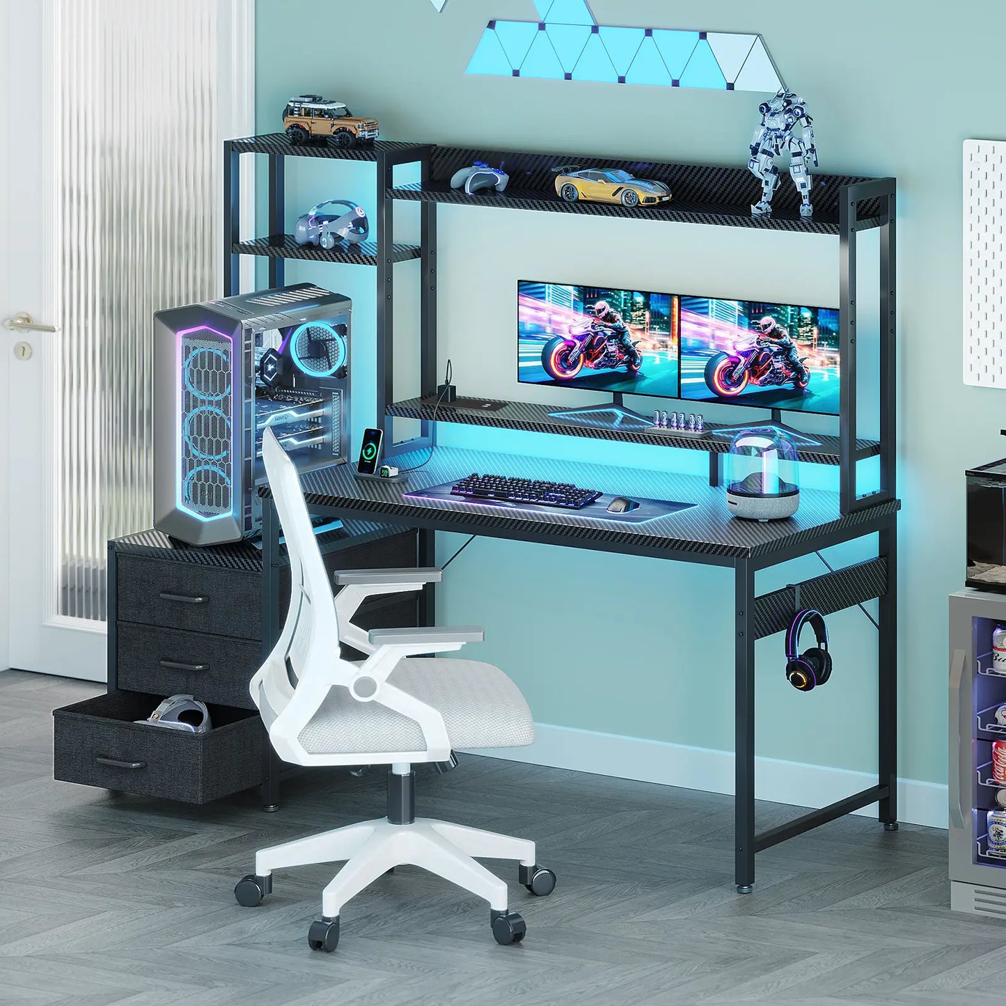 Coleshome gaming desk with USB ports tall storage shelf and 3 fabric drawers home office room setup