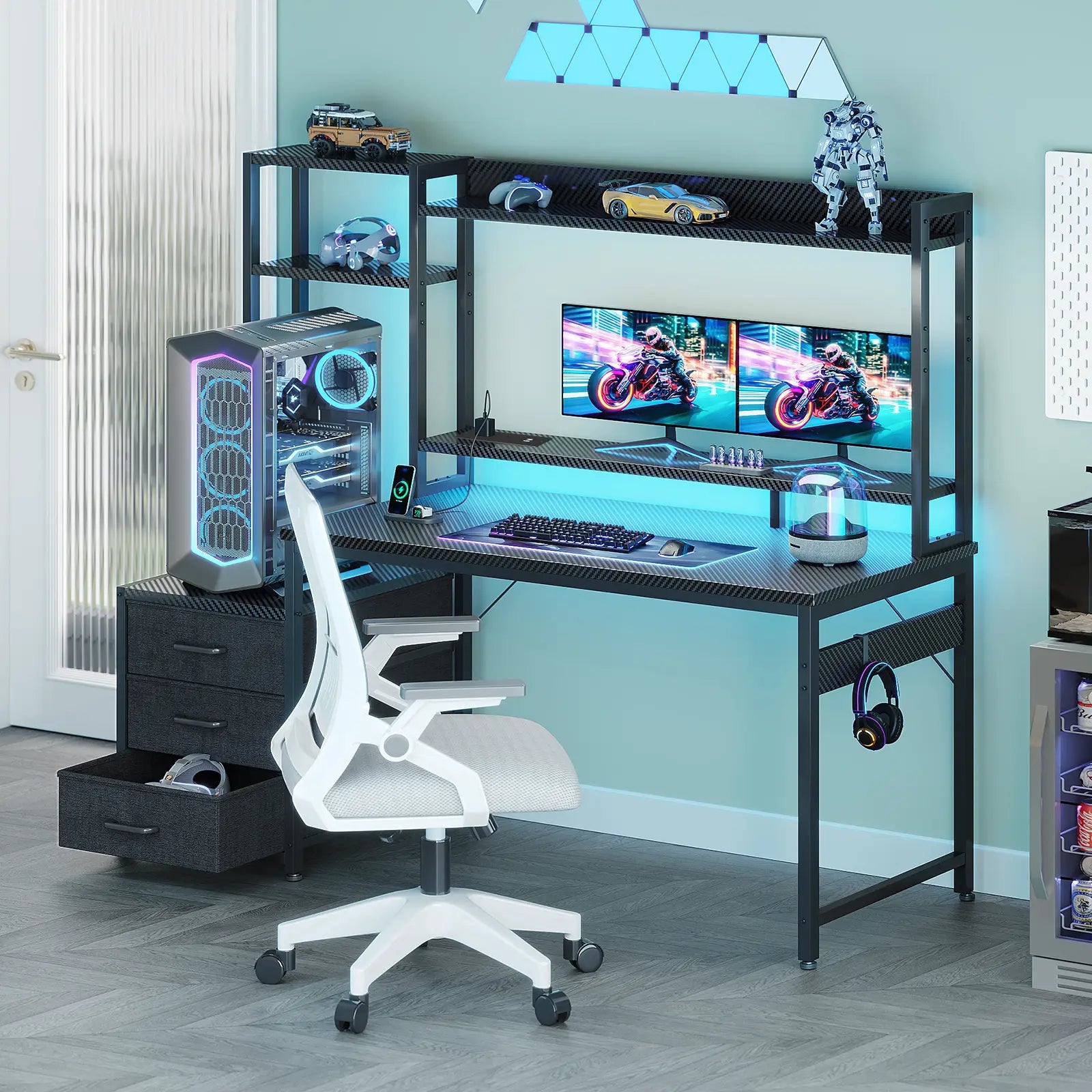 Coleshome gaming desk with USB ports tall storage shelf and 3 fabric drawers home office room setup