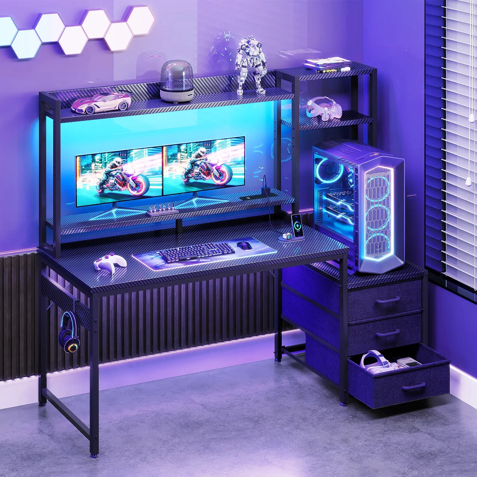 Coleshome gaming desk with USB ports tall storage shelf and 3 fabric drawers lifestyle main view
